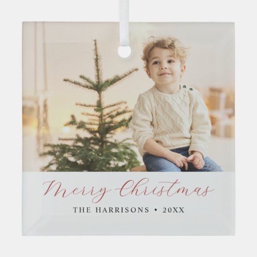 Moderne kalligrafie Vrolijke Kerstfoto Glas Ornament (Voorkant)
