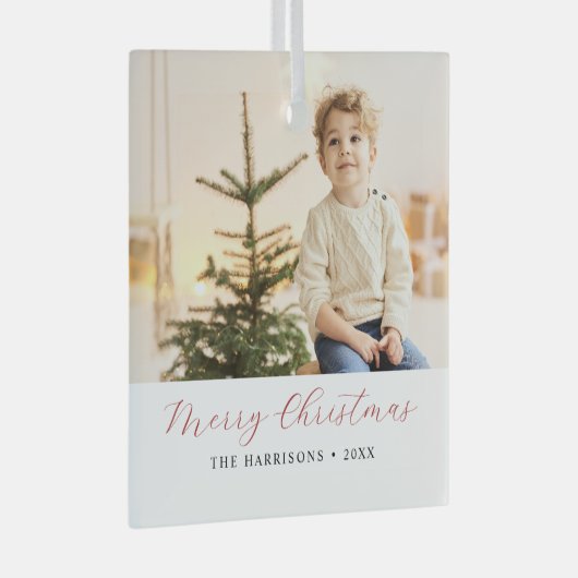 Moderne kalligrafie Vrolijke Kerstfoto Glas Ornament (Voorkant Rechts)