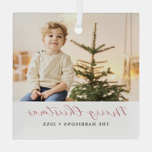 Moderne kalligrafie Vrolijke Kerstfoto Glas Ornament (Achterkant)