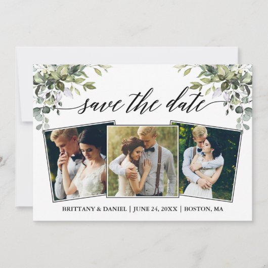 Moderne kalligrafie Waterverf Greenery 3 Foto Save The Date (Voorkant)