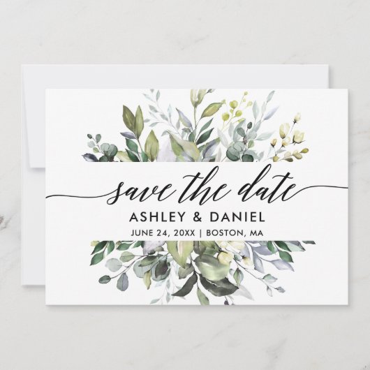 Moderne kalligrafie waterverf groen save the date (Voorkant)