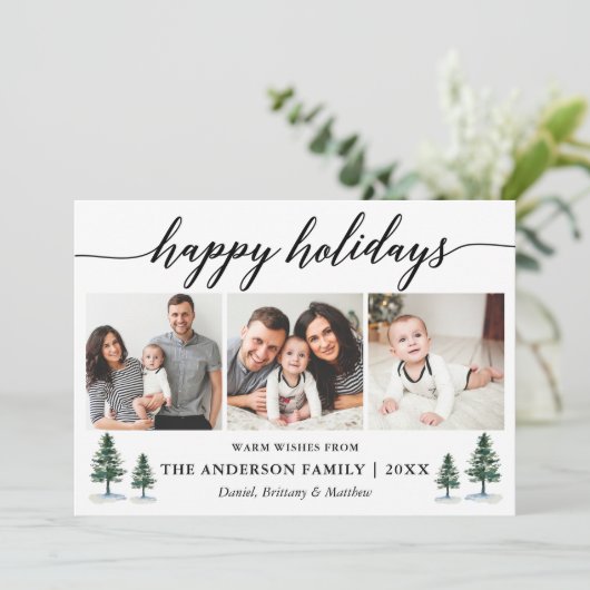Moderne kalligrafie Waterverf Pines 3 Foto Feestdagenkaart (Staand voorkant)