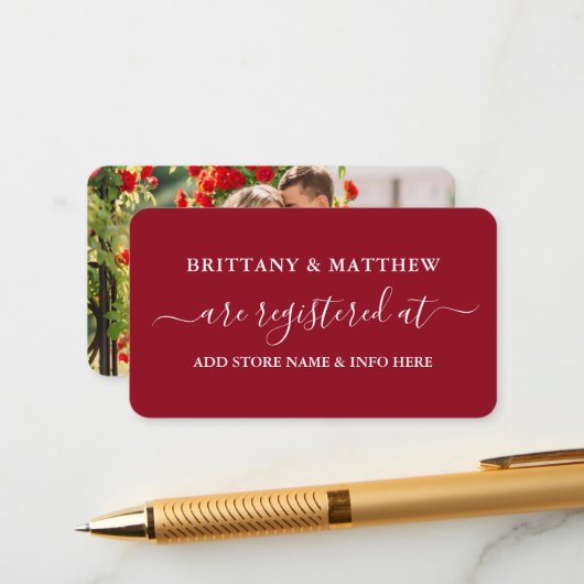 Moderne kalligrafie Weddenschap Rood Foto Informatiekaartje (Voorkant / Achterkant in situ)