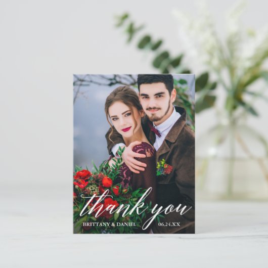 Moderne kalligrafie Wedding Foto bedankt Wat Briefkaart (Staand voorkant)