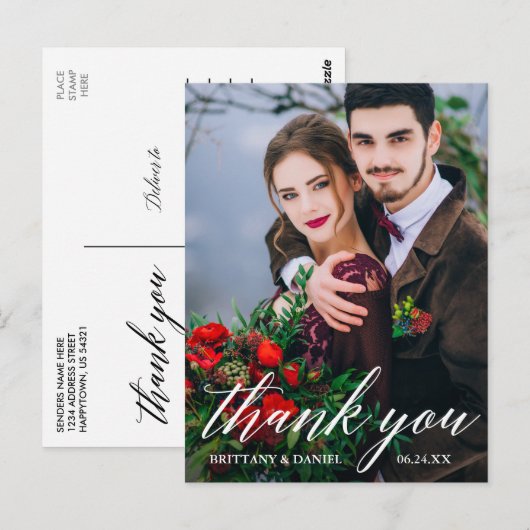 Moderne kalligrafie Wedding Foto bedankt Wat Briefkaart (Voorkant / Achterkant)