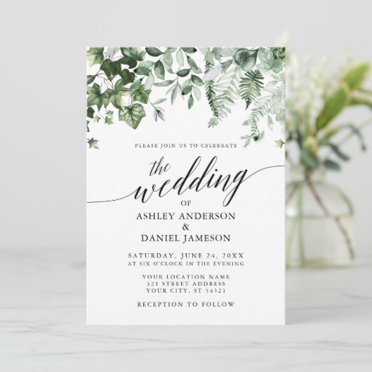 Moderne kalligrafie Wedding Ivy Sage Greenery Kaart (Staand voorkant)