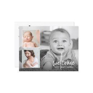 Moderne kalligrafie Welkom 3 Fotogeboorte Aankondigingskaart