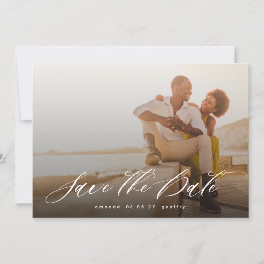 Moderne kalligrafie White Overlay Photo QR-code Save The Date (Voorkant)