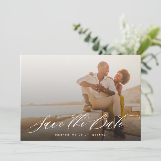 Moderne kalligrafie White Overlay Photo QR-code Save The Date (Staand voorkant)