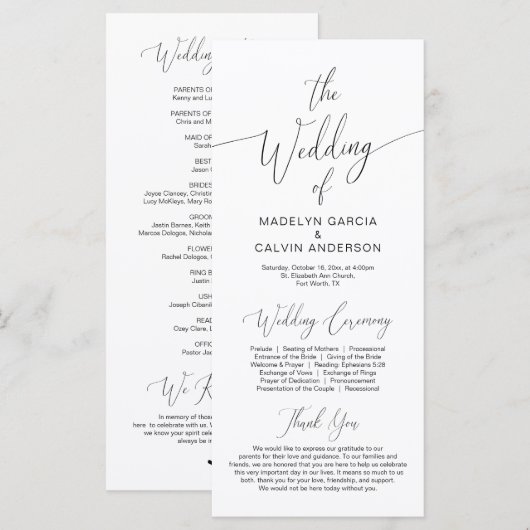 Moderne kalligrafie, zwart script, bruiloft-ceremo programmakaart (Voorkant / Achterkant)