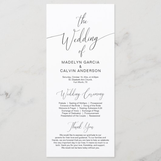 Moderne kalligrafie, zwart script, bruiloft-ceremo programmakaart (Voorkant)