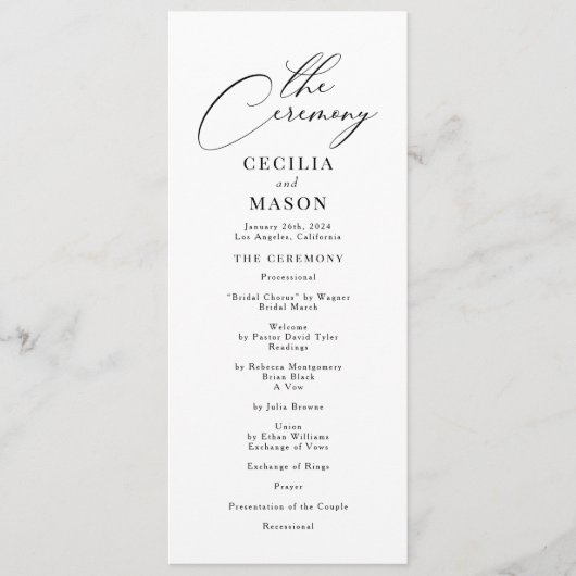 Moderne kalligrafie zwart-wit bruiloft programma programmakaart (Voorkant)