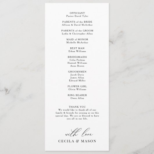 Moderne kalligrafie zwart-wit bruiloft programma programmakaart (Achterkant)