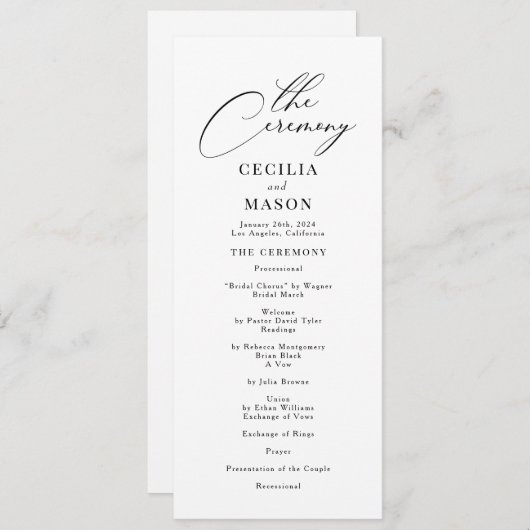 Moderne kalligrafie zwart-wit bruiloft programma programmakaart (Voorkant / Achterkant)