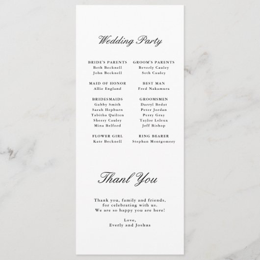 Moderne Kalligrafie Zwart & Wit Bruiloft Programmakaart (Achterkant)