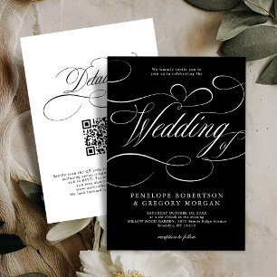 Moderne kalligrafie zwart wit QR code bruiloft Kaart