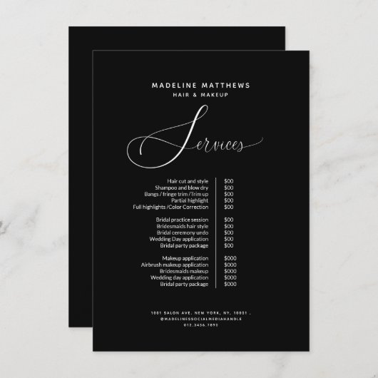 Moderne kalligrafie zwarte witte zalonlijst menu (Voorkant / Achterkant)