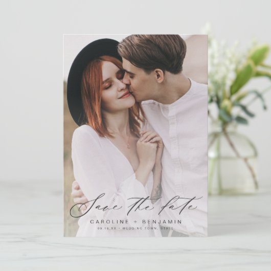 Moderne kalligrafiefotoperatie, behalve de datum save the date (Staand voorkant)