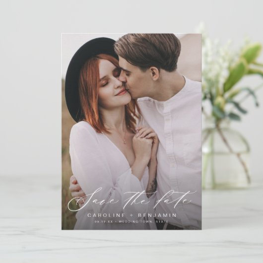 Moderne kalligrafiefotoperatie, behalve de datum save the date (Staand voorkant)