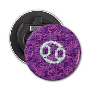 Moderne kankerdiercode op roze digitale camo button flesopener