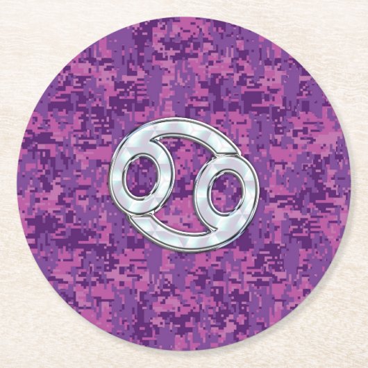 Moderne kankerdiercode op roze digitale camo ronde kartonnen onderzetter (Voorkant)