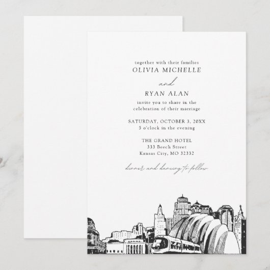 Moderne Kansas City Skyline Zwart & Wit Bruiloft Kaart (Voorkant / Achterkant)