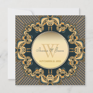 Moderne Kanten Monogram Teal Gouden Trouw Uitnodig Kaart