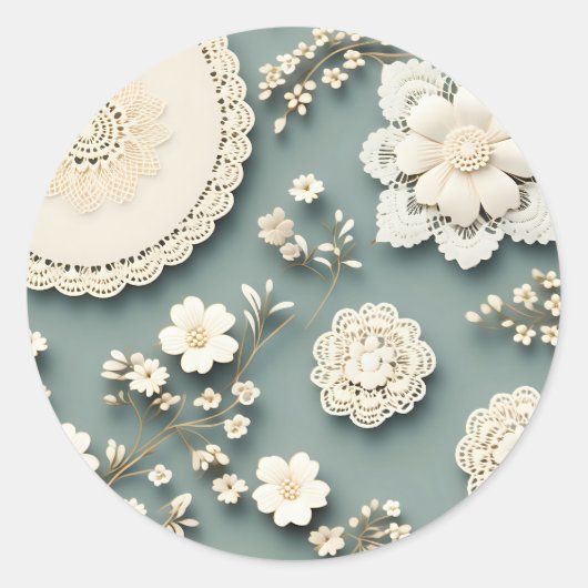 Moderne kanten witte bloemen ronde sticker (Voorkant)
