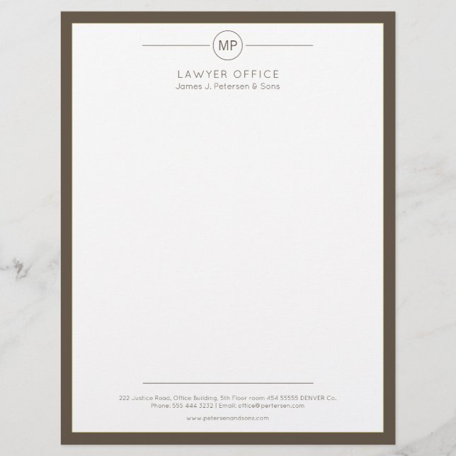 Moderne kantoor donkerbruin wit monogram advocaat briefhoofd (Voorkant)