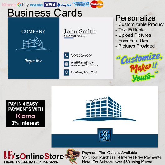 Moderne Kantoor Logo Navy SEO Marketing QR-code Visitekaartje