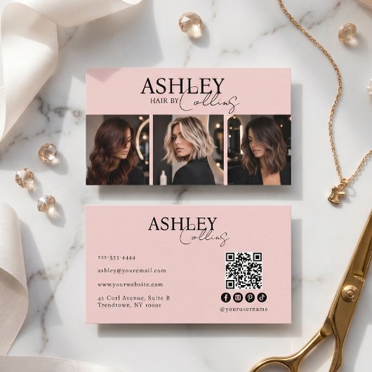 Moderne Kapper Blush Roze Foto QR Code Visitekaartje