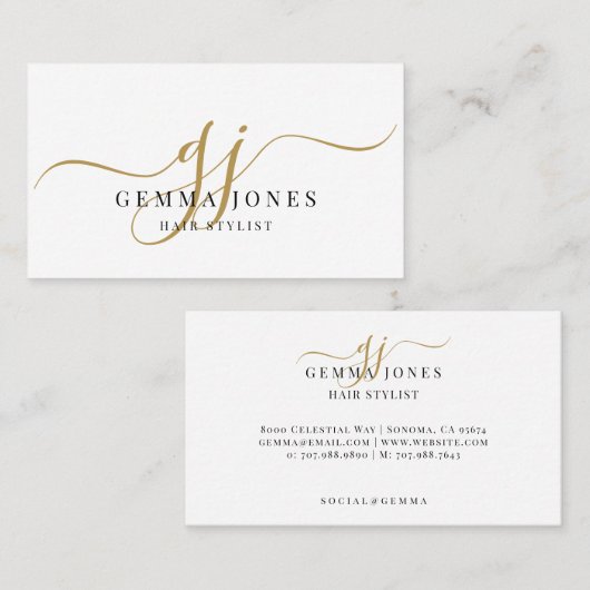 Moderne Kapper Gouden Script Monogram Naam Visitekaartje (Voorkant / Achterkant)