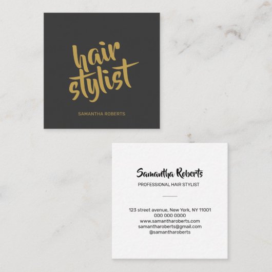 Moderne kapper minimale script grijs goud vierkante visitekaartje (Voorkant / Achterkant)