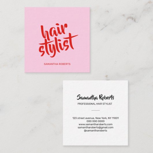 Moderne kapper minimale script roze rood vierkante visitekaartje (Voorkant / Achterkant)