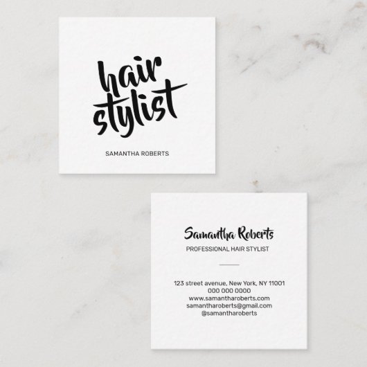 Moderne kapper minimale script wit en zwart vierkante visitekaartje (Voorkant / Achterkant)