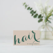 Moderne kapper script beige en groen visitekaartje (Staand voorkant)
