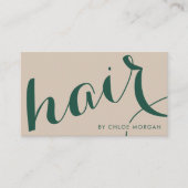 Moderne kapper script beige en groen visitekaartje (Voorkant)