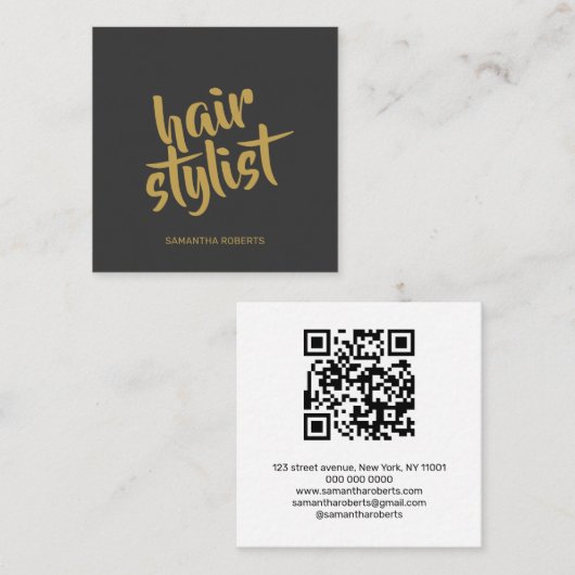 Moderne kapper script grijs goud qr code vierkante visitekaartje (Voorkant / Achterkant)