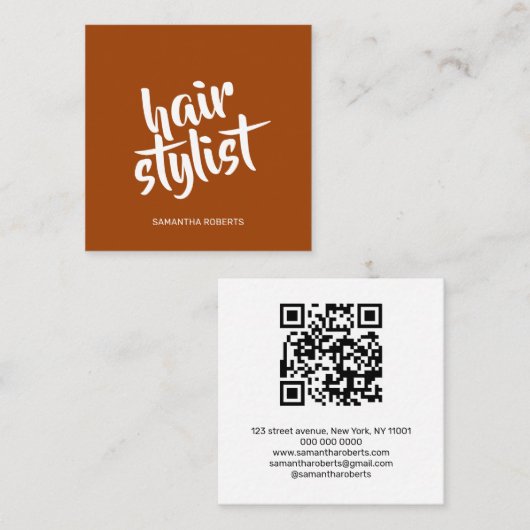 Moderne kapper script terracotta qr code vierkante visitekaartje (Voorkant / Achterkant)