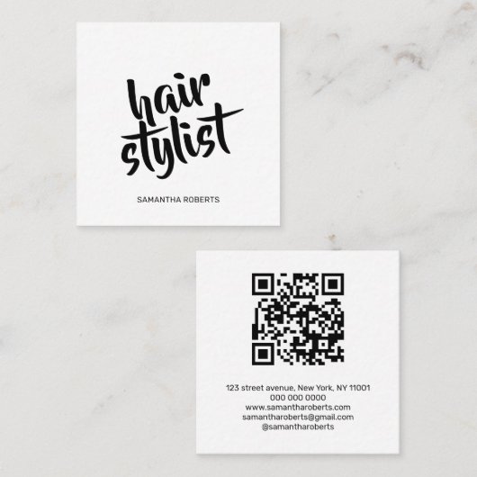 Moderne kapper script witte zwarte qr-code  vierkante visitekaartje (Voorkant / Achterkant)