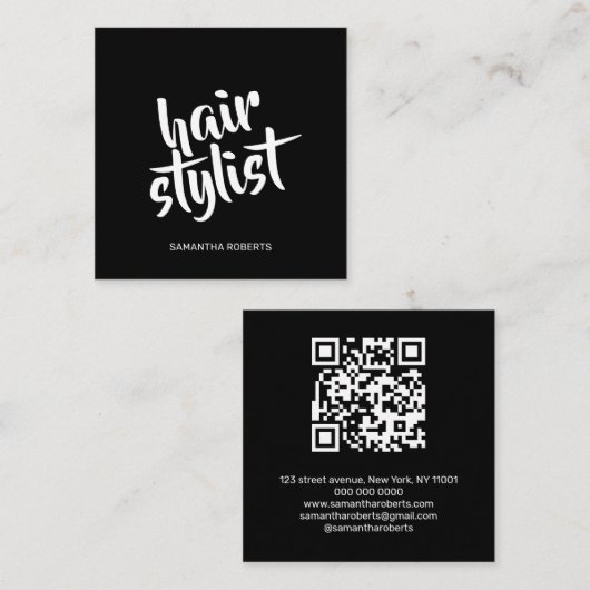 Moderne kapper script zwart qr code vierkante visitekaartje (Voorkant / Achterkant)