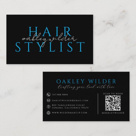Moderne kapper Zwart Blauwe QR-code Visitekaartje (Voorkant / Achterkant)