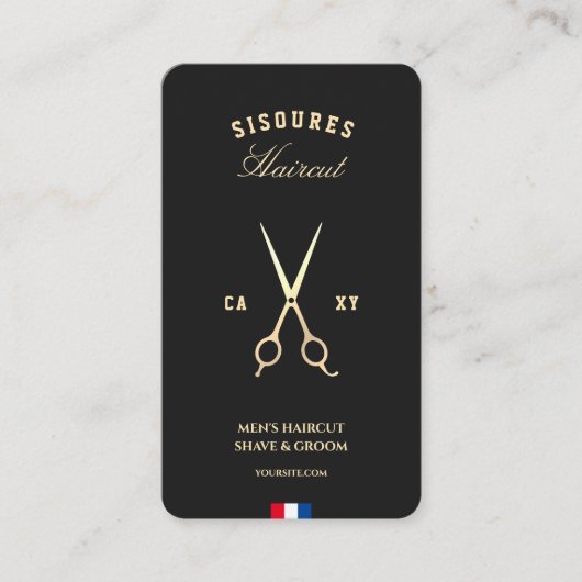 Moderne kapper zwart goud schaar rood blauw wit visitekaartje (Voorkant)