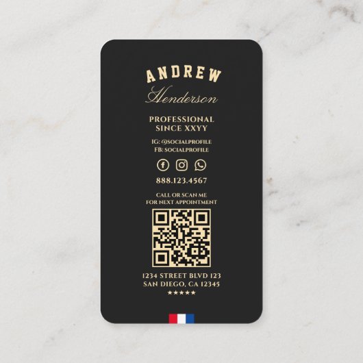 Moderne kapper zwart goud schaar rood blauw wit visitekaartje (Achterkant)