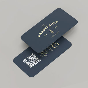 Moderne kapperszaak donkerblauw goud kapperspaal visitekaartje