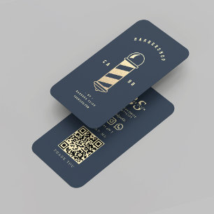 Moderne kapperszaak donkerblauw goud kapperspaal visitekaartje