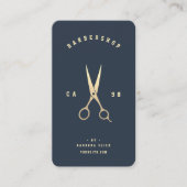 Moderne kapperszaak gouden schaar donkerblauw visitekaartje (Voorkant)