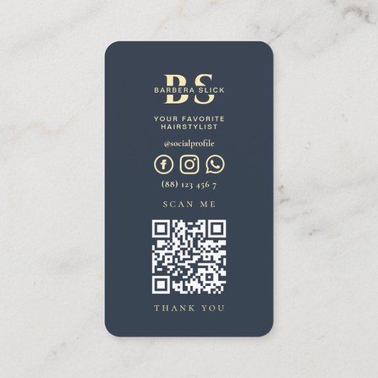 Moderne kapperszaak gouden schaar donkerblauw visitekaartje (Achterkant)