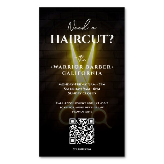 Moderne kapperszaak kappersopeningstijden magnetisch visitekaartje (Voorkant Verticaal)