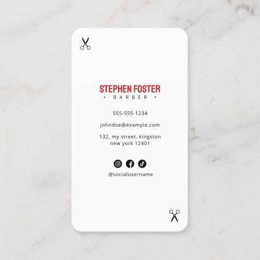 Moderne kapperszaak kapperszaak wit blauw rood visitekaartje (Voorkant)